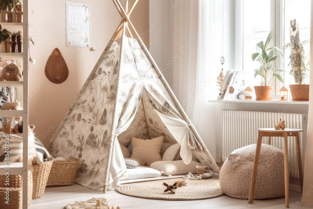 Boho styled comfortable cottage. Scandinavian style wigwam in room. childs room tent. Cozy kids roo