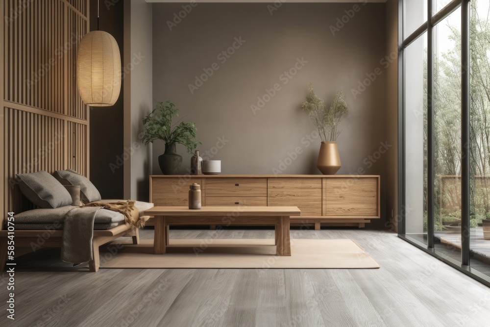 Japanese living room, architect interior designer idea. Wooden dresser with wall mockup. Generative 