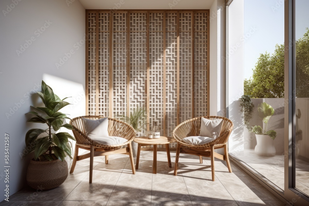 Contemporary apartment balcony with picture frames on the wall, tiled floor, wooden chairs, and star