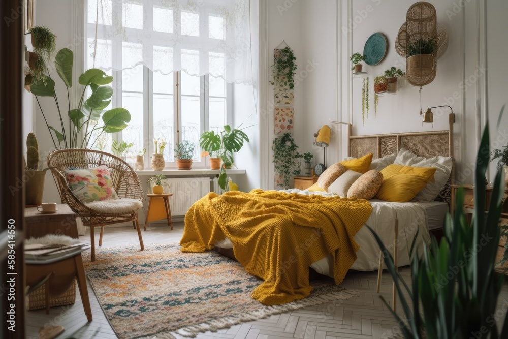 Boho trendy bedroom in bright apartment. Nice bed with colorful pillows against potted houseplant an