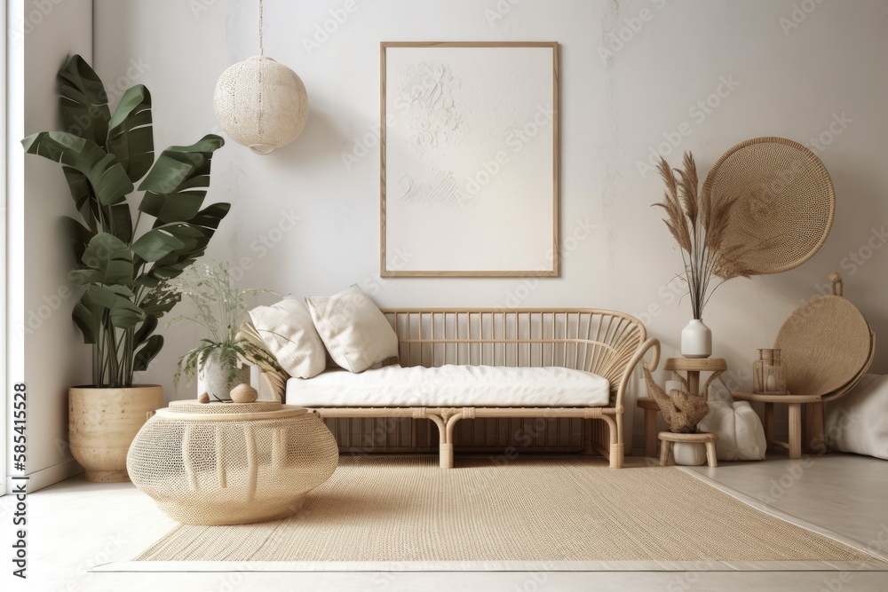 Wall mockup in white Scandi Boho decor with wooden furnishings. Generative AI