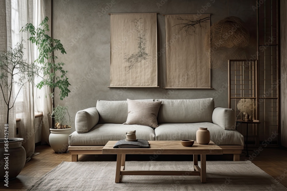 Wabi sabi living room with plaster wall. Macrame wall art and minimalist fabric couch. Japanese inte