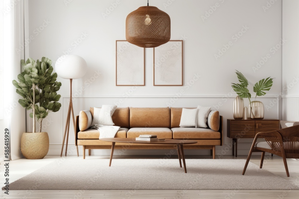 Brown couch, lamp, plant, and table in white living room. Generative AI