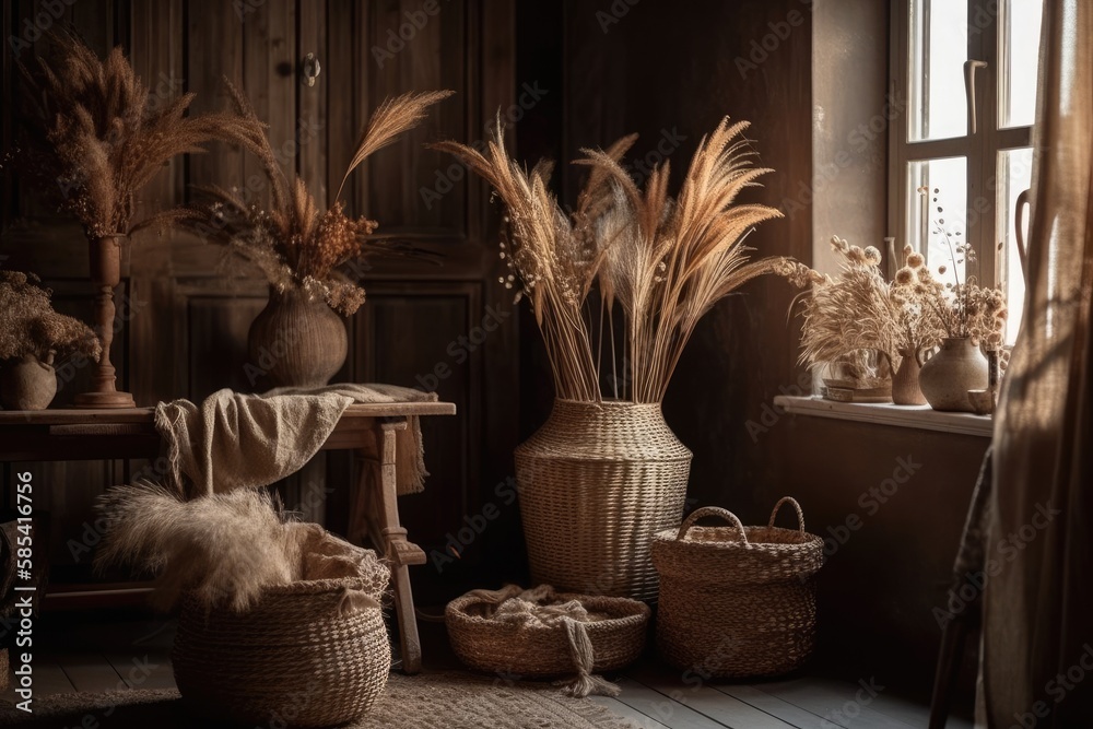 Brown room with dried flowers, pampas grass, and branches in basket. Scandinavian design. Rustic. Bo