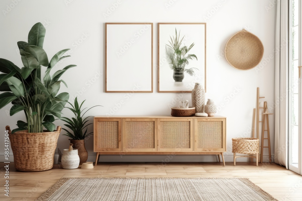 Blank frame mockup on hardwood floor near slat sideboard and green snake plant in basket on white wa