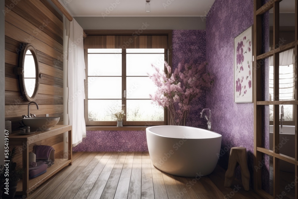 White and purple Japanese bathroom. Freestanding wooden bathtub with paper door. Cotton flowers, par