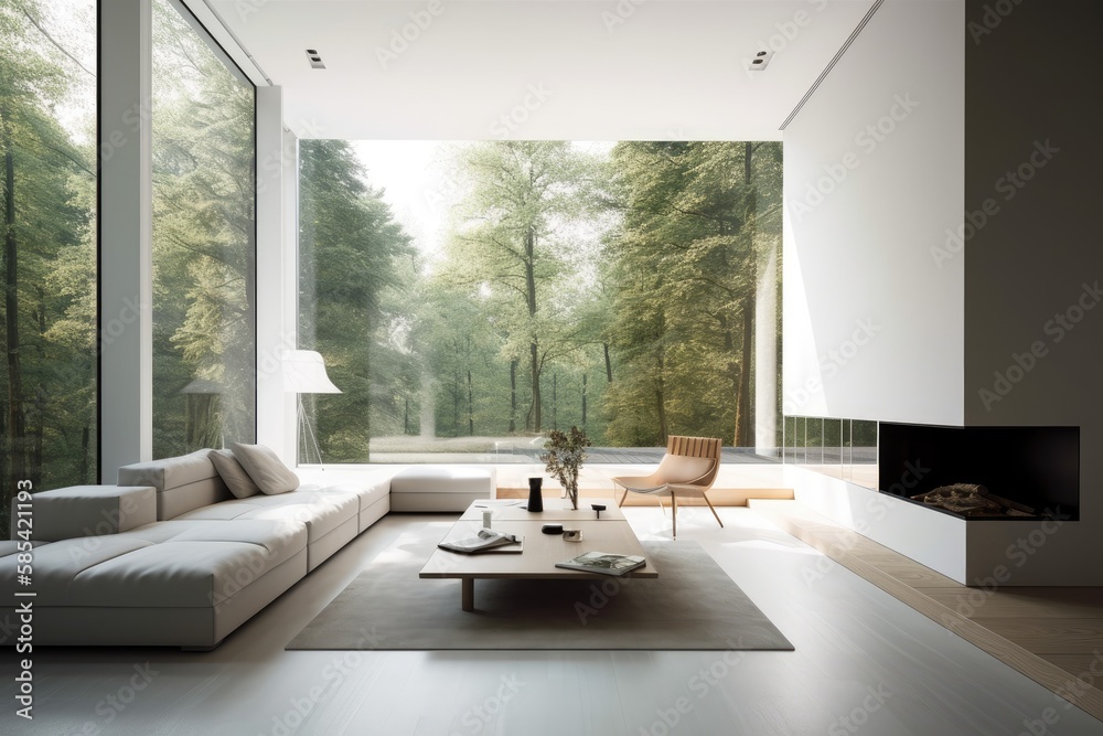 interior living room with brilliant clean white walls, open green forest outlook, and minimalist fur