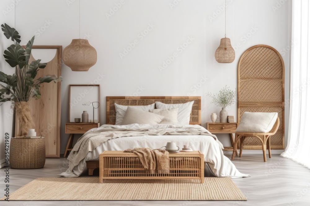 Bedroom mockup with rattan furniture and blank wall, coastal style,. Generative AI