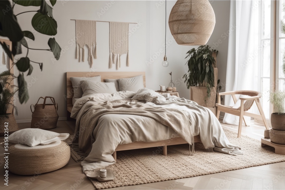 Bright Scandinavian bedroom interior. Generative AI