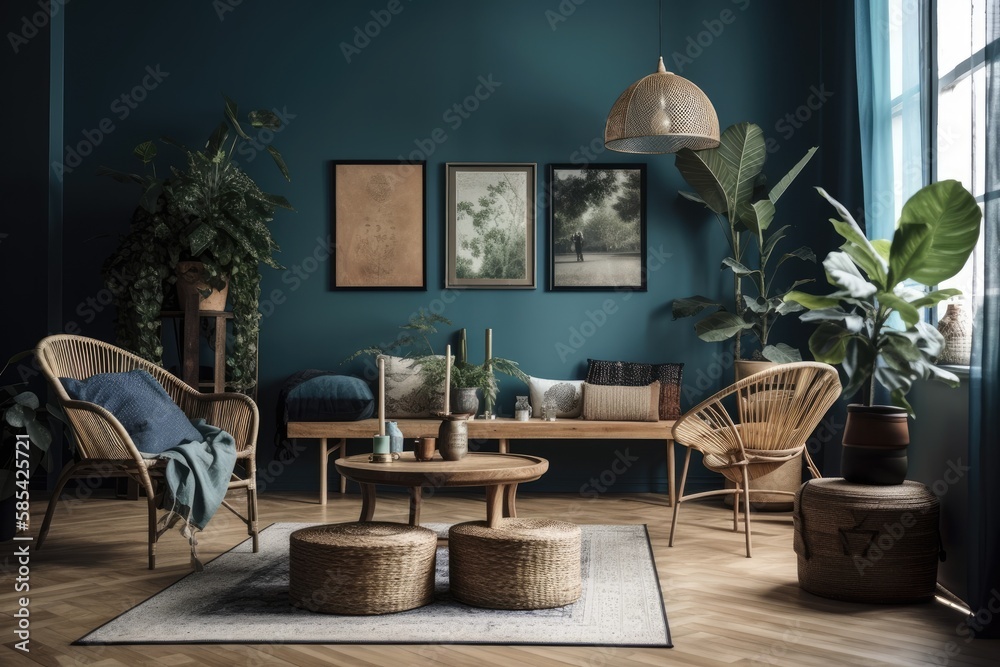 Bohemian living room with antique side table, potted houseplants, black framed faux photo, blue wall