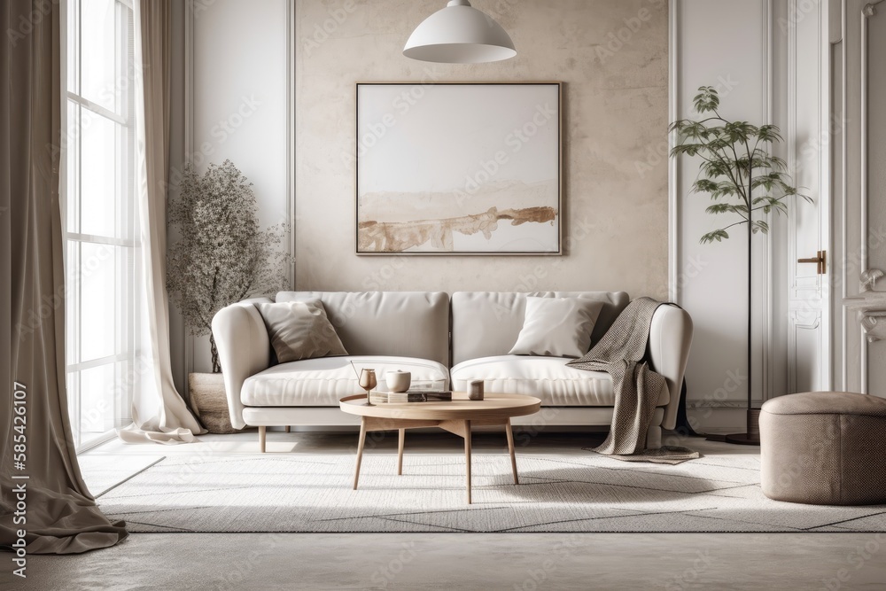 White and beige minimalist living room with carpeted floor, wallpaper, and fabric couch. Beautiful v