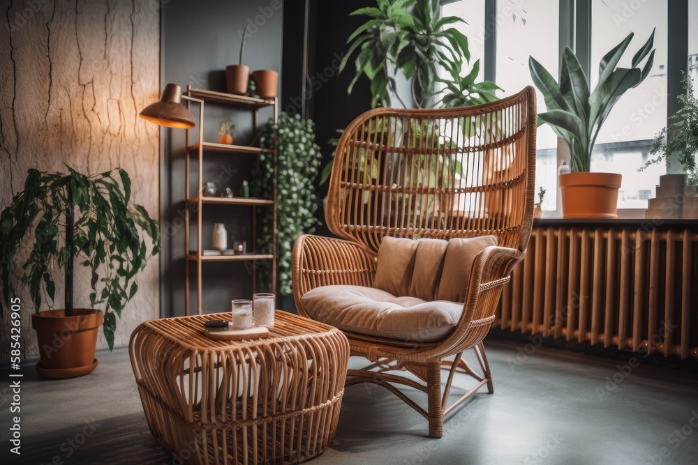 New living room furnishings. Loft interior design modern. plants and bamboo chair. Generative AI