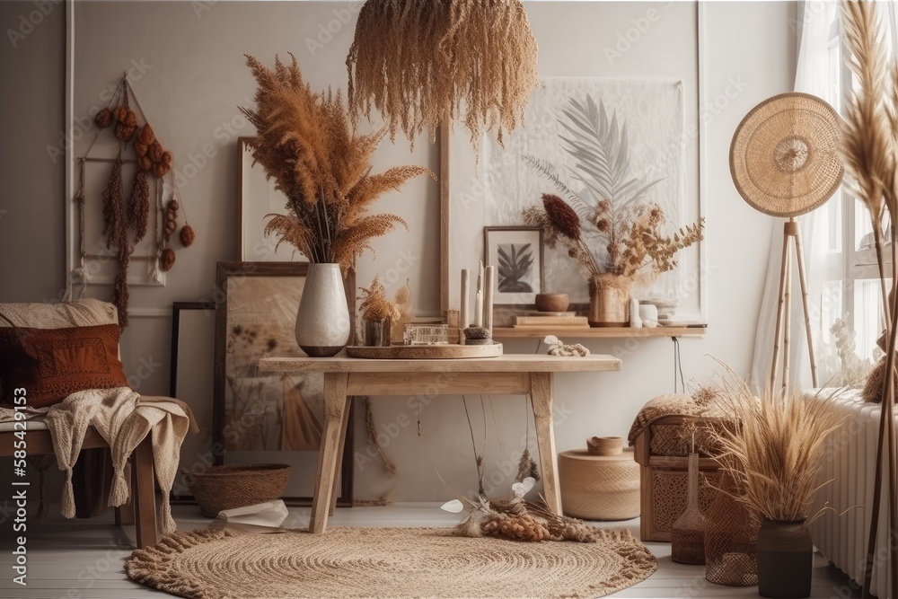 Bohemian living room with mock up poster frame, gorgeous rattan decorations, dried flowers in vase, 