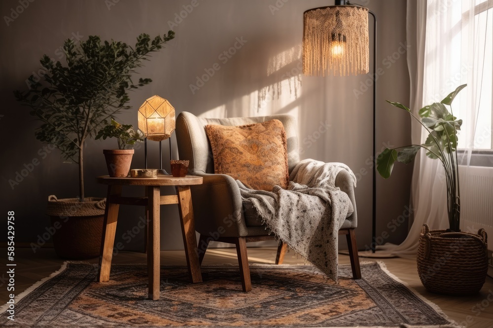 Warm boho design for home work and relaxation. Gray antique armchair with cushion, table with coffee