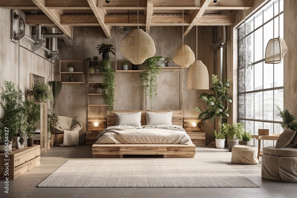 Loft apartment wooden bedroom design mockup,. Generative AI