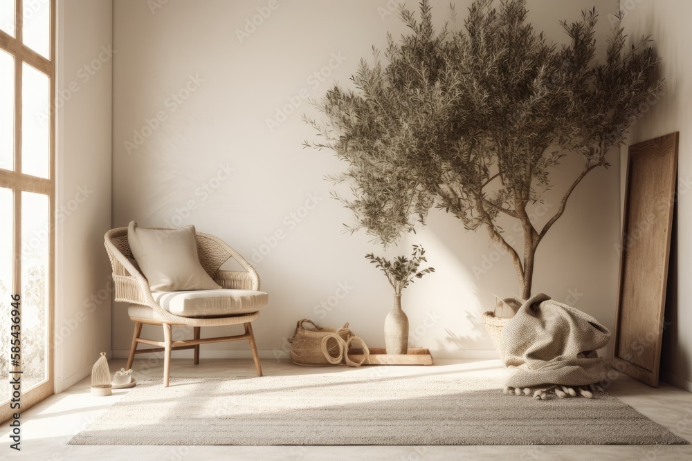 Scandi boho living room. Mockup beige empty wall with seat and olive tree. illustration. Generative 