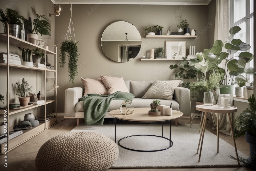 Green plants in pots, candles, and books on metal shelves in beige Scandinavian living room with com