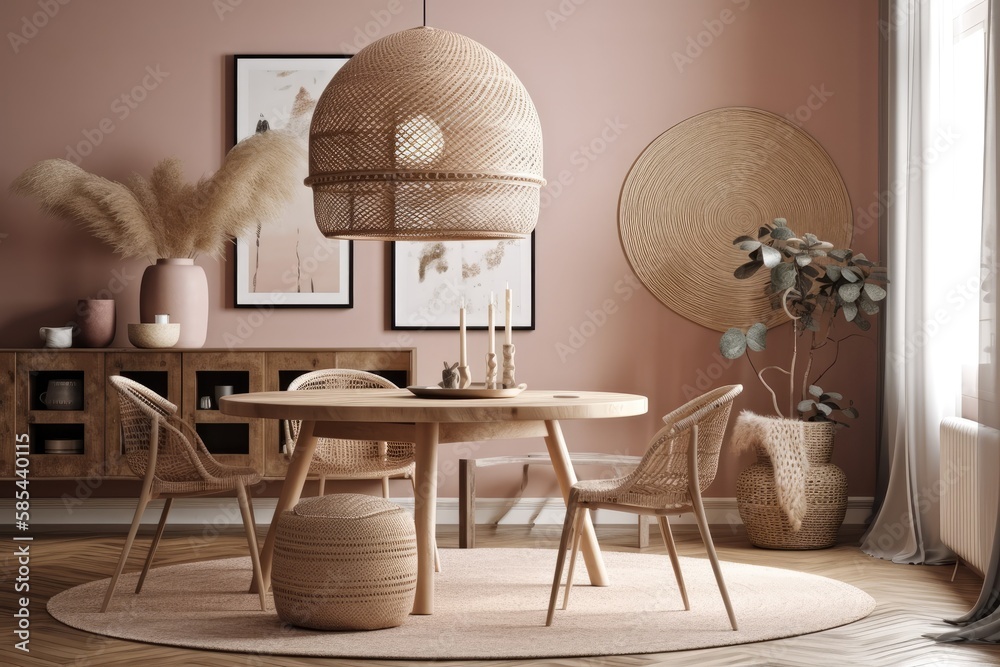 Boho dining room with poster mockup. Round table with rattan seat, dried flower vase, and cup. Brown