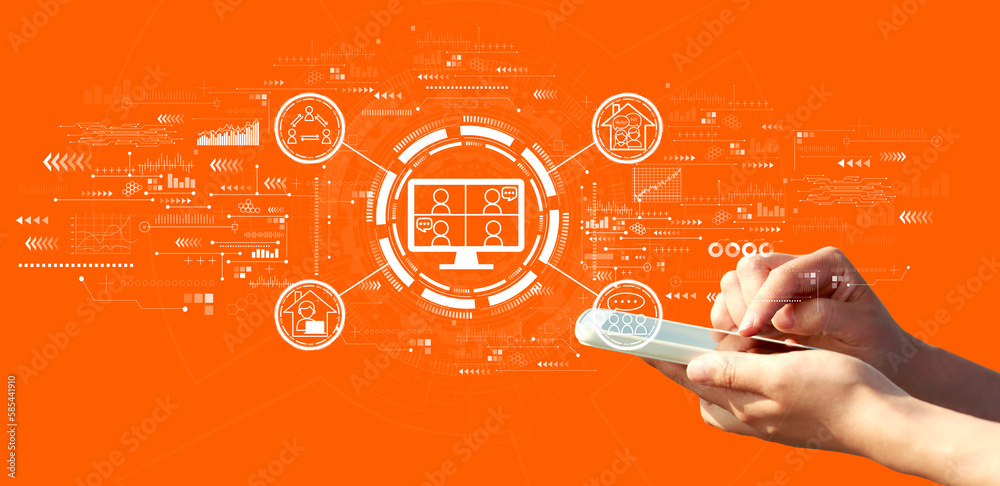 Online meeting theme with person using a smartphone on a orange background