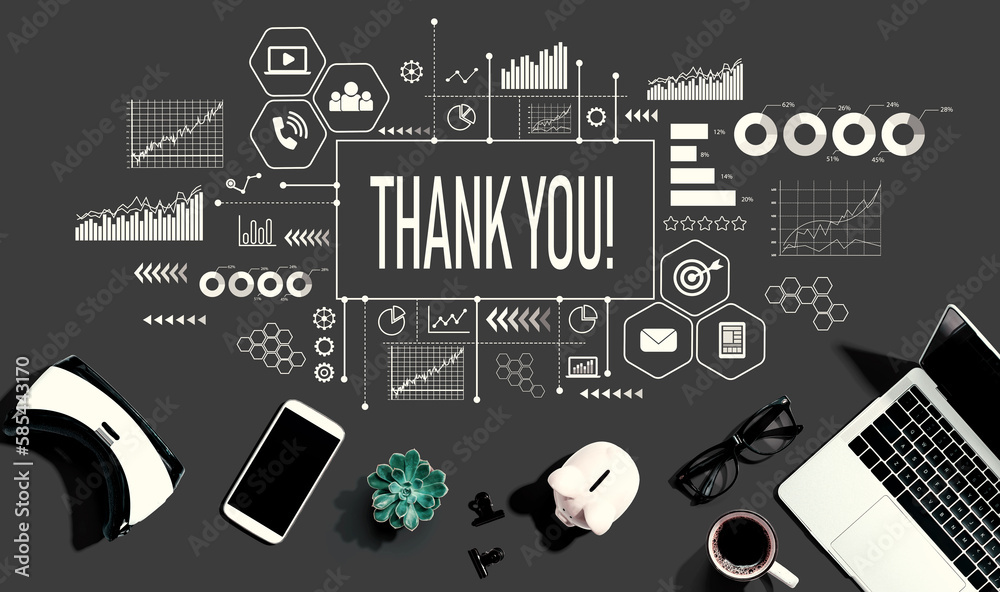 Thank you message with electronic gadgets and office supplies - flat lay