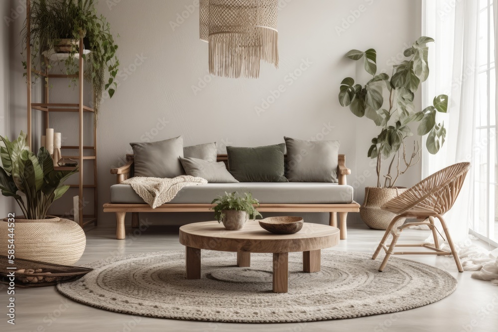 Contemporary interior design with grey couch, coffee table, macrame, plants, carpet, and stylish acc