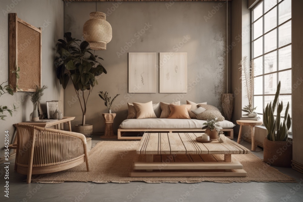 Wabi sabi living room. Interior mockup,. Generative AI