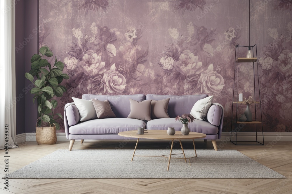 Purple beige hardwood living room mockup. Parquet, rattan, fabric sofa, wallpaper. Farmhouse decor,.