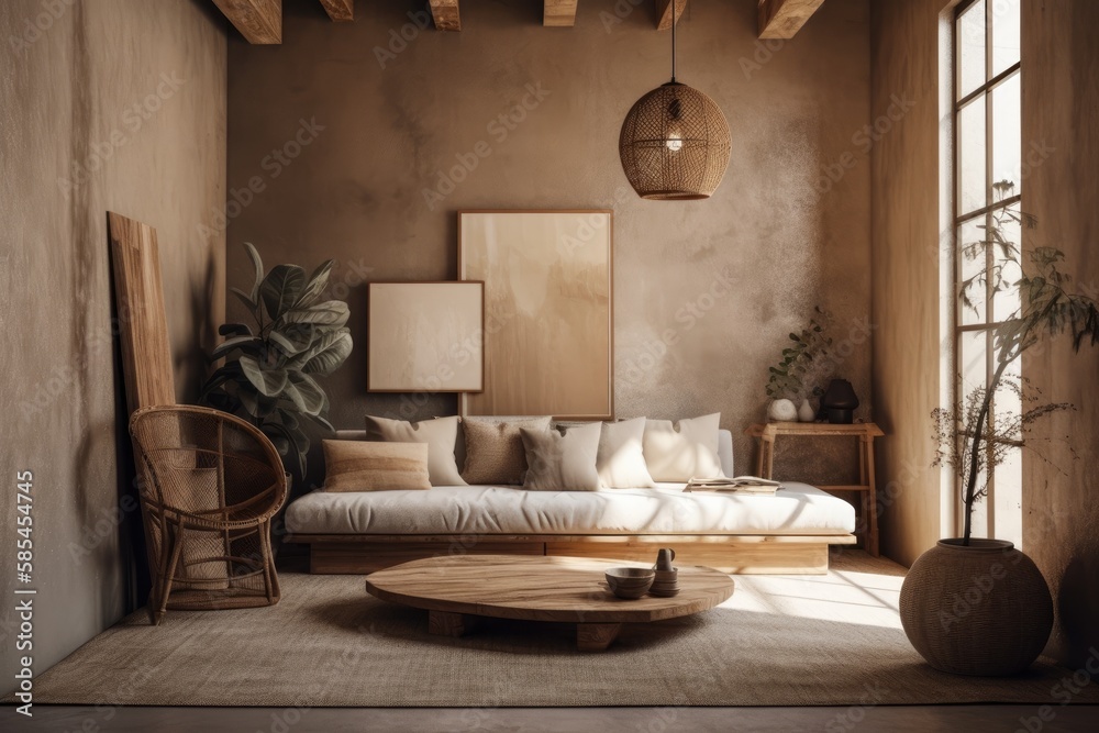 Wabi sabi living room. Interior mockup,. Generative AI