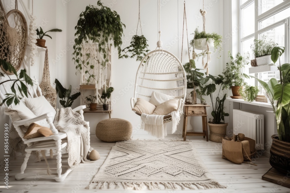 White Boho farmhouse living room with potted plants and lace hanging chair. Parquet and dark wooden 