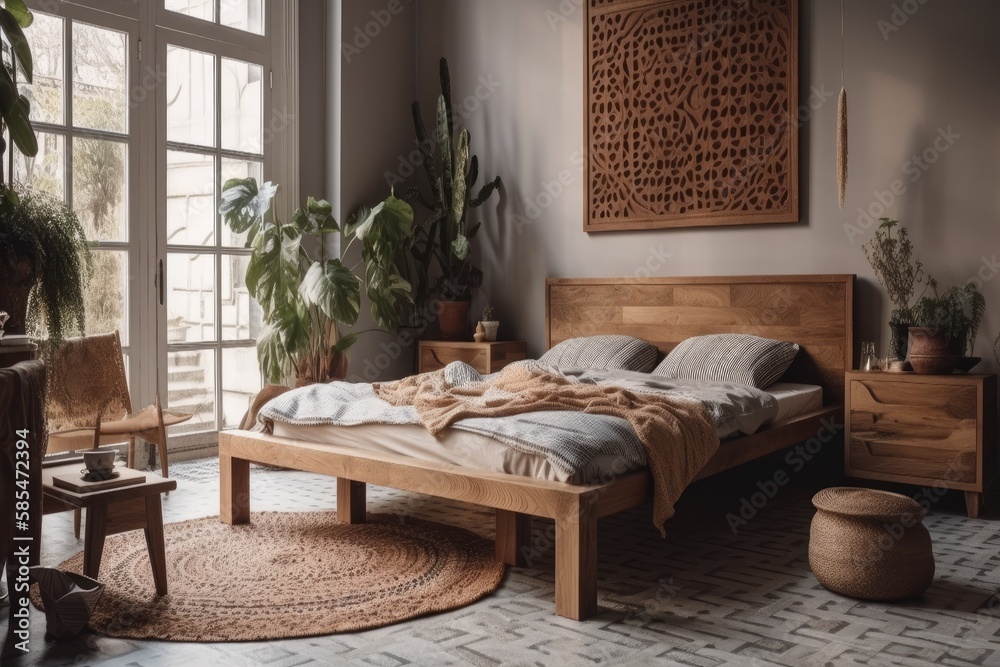 Wooden bed. Elegant decor. Generative AI