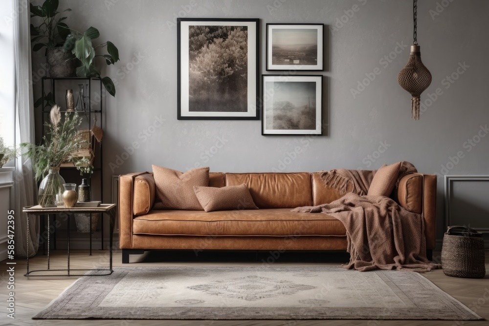 Copy space picture frame above couch in living room. Boho chic apartment with eco leather sofa and d