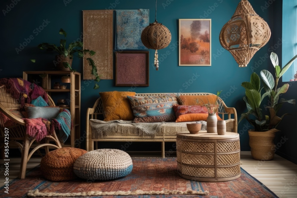 Ethnic living room with faux poster frame, colorful cushions, braided basket, rug, beige book, cup, 