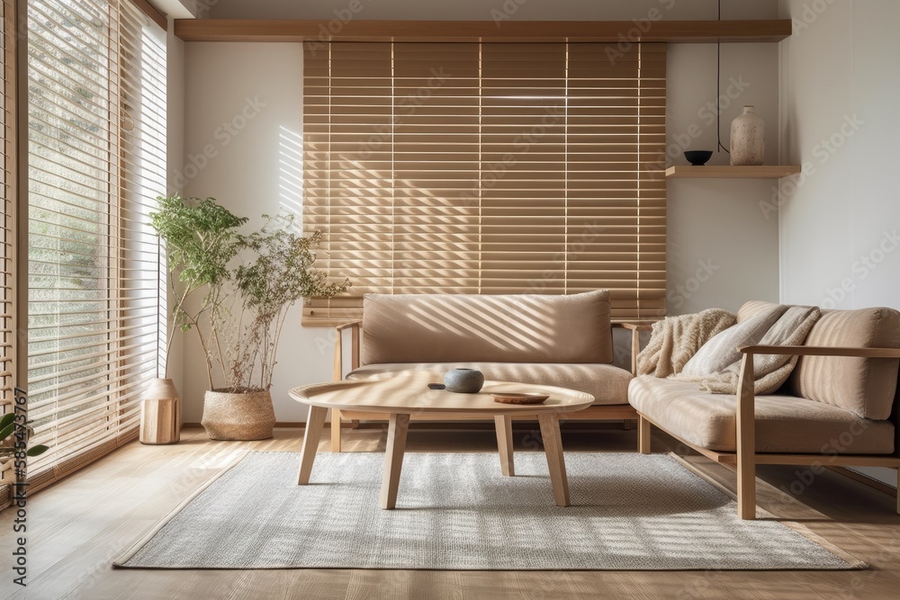 Beige toned wooden living room. Carpets, paper light, venetian blinds, and fabric couch with cushion