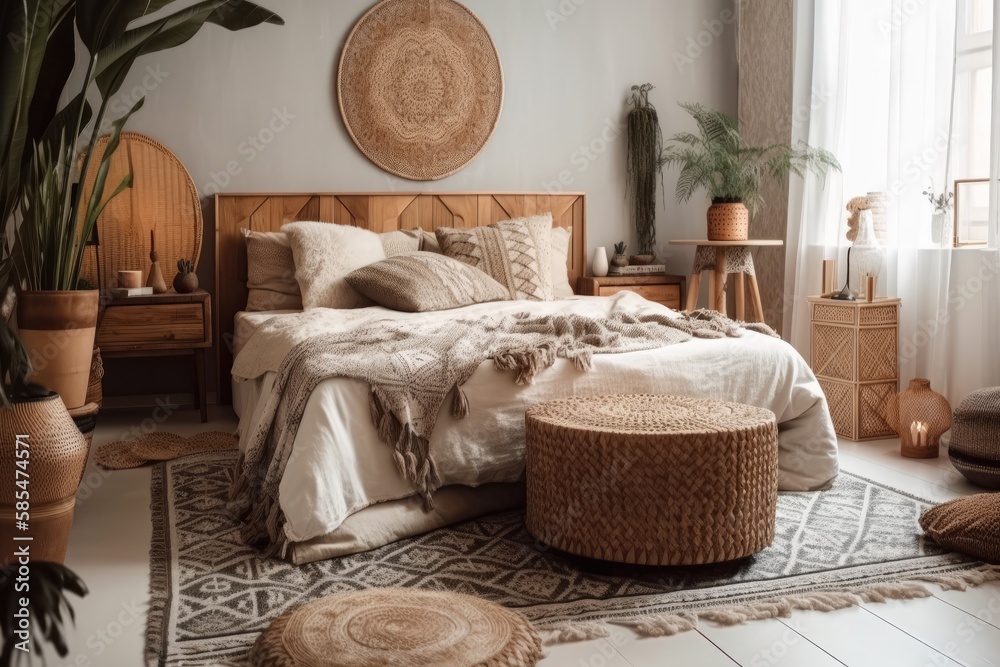 Vertical shot of cozy boho bedroom with pillow and plaid on bed, home décor in wicker basket, bamboo