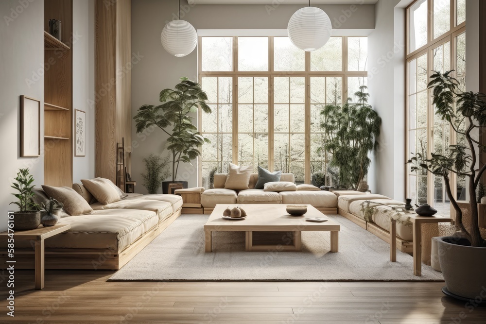 Contemporary white and beige bleached hardwood living room. Fabric couch, parquet floor, window, and