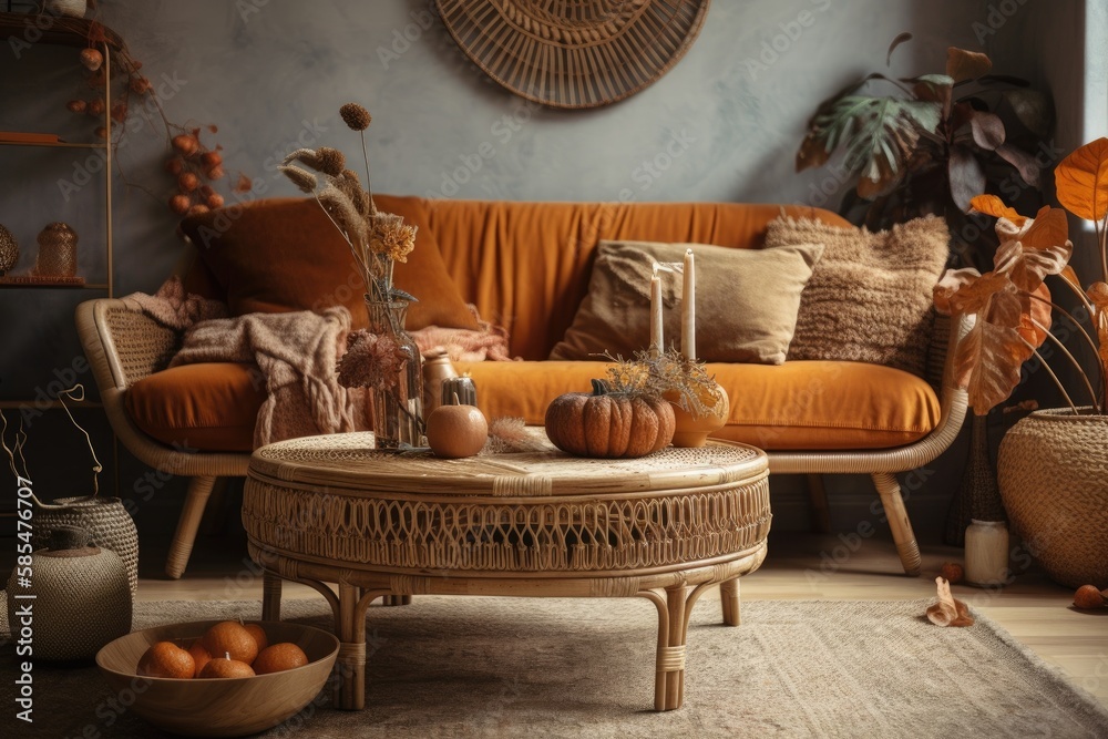 Vintage living room closeup. Sofa, autumn themed rattan table. Boho chic, autumn decor,. Generative 