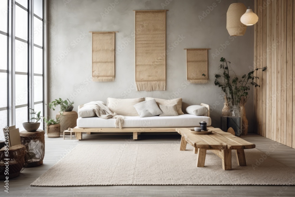 Japandi living room with bleached wood and plaster wall. Macrame wall art and minimalist fabric couc