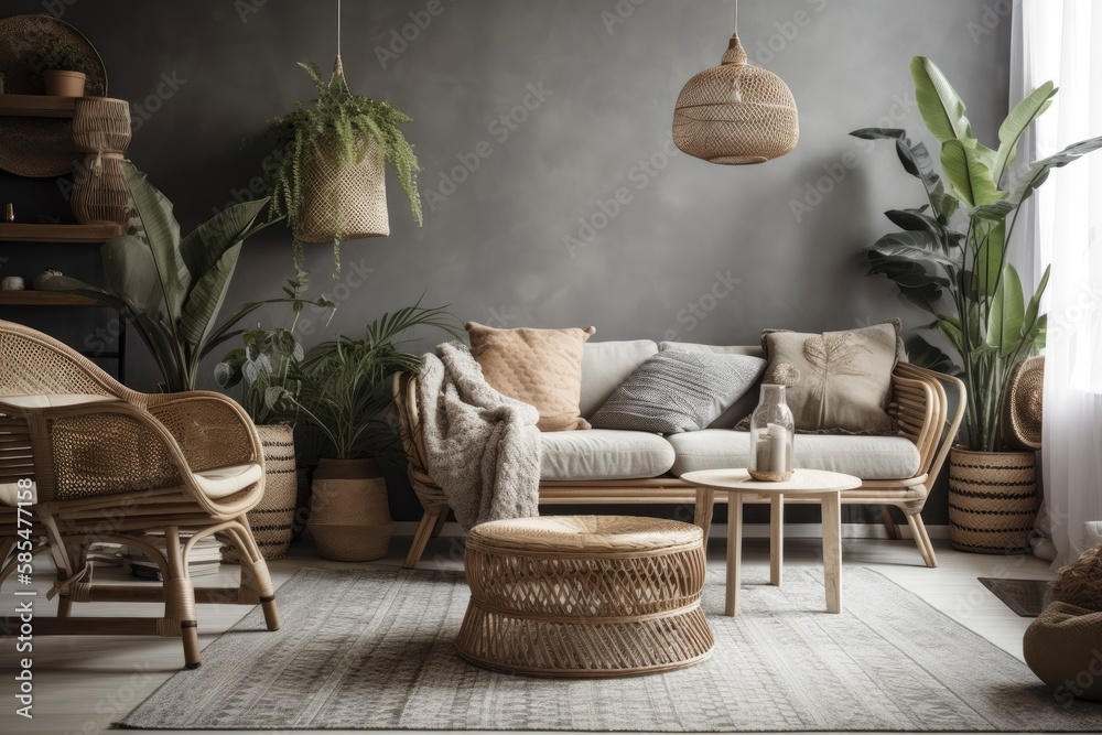 Gray couch, rattan armchair, cube, plaid, cushions, tropical plants, macrame, and stylish decoration