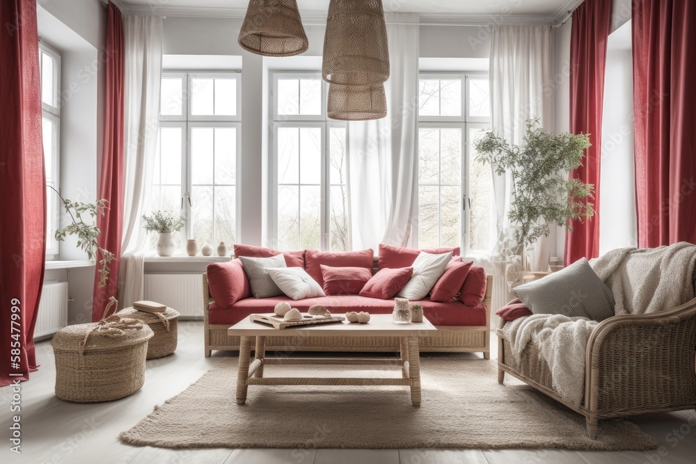 White and red farmhouse living room with drapes, fabric couch, and rattan flooring. Parquet. Retro i