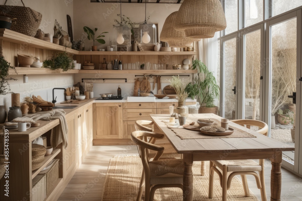 White beige wooden rustic kitchen. Carpet, dining table, appliances. Scandinavian bohemian decor. Pl