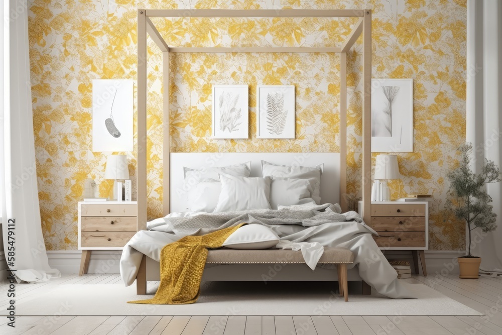 White and yellow farmhouse bedroom with frame mockup. Wallpaper, parquet, and wood. Boho decor,. Gen