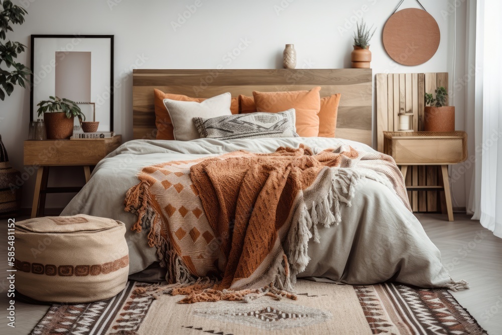 Brown blanket on bed in large hygge bedroom with colorful carpet and posters on white wall. Generati