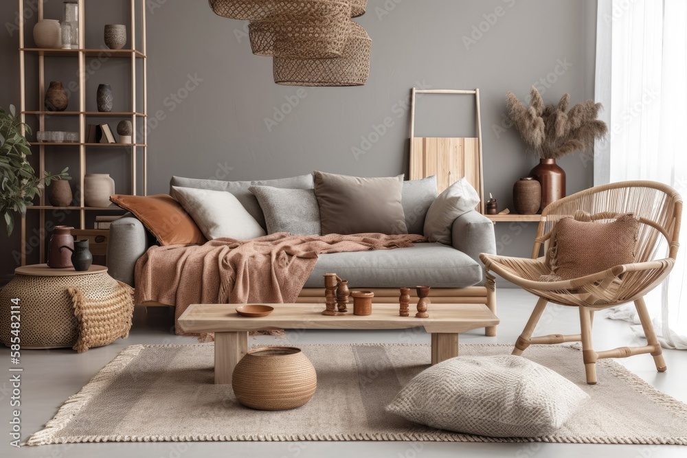 Gray couch, wooden coffee table, cushions, blankets, rattan lamp, slippers basket, and attractive de