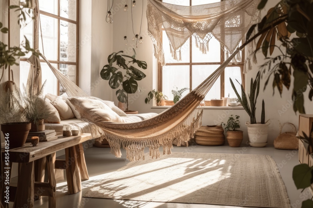 Hammock, plants, and light in white flat. Real picture. Generative AI