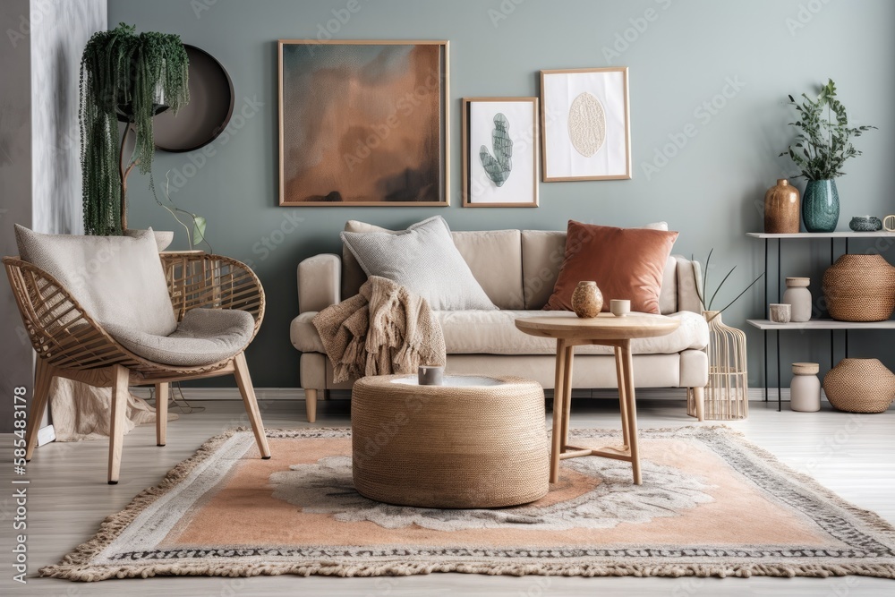 Boho living room with design armchair, black coffee table, vase with flowers, abstract backdrop wall