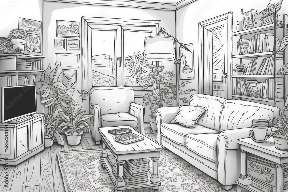 Living room coloring sheet. Comfortable living room design. Adult child coloring page. Generative AI