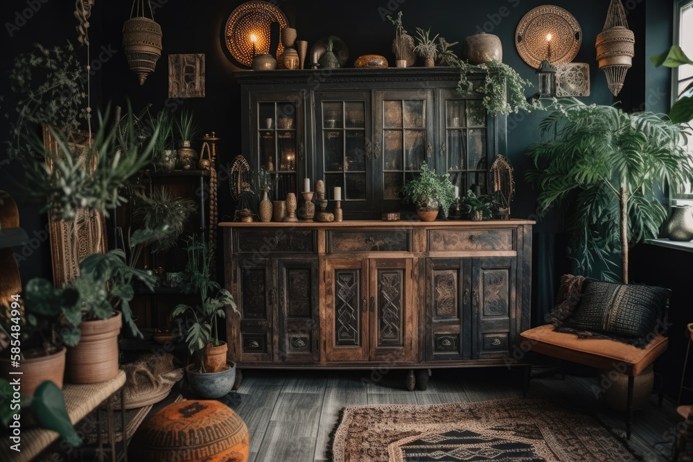 Vertical image of black old cabinet with antiques and several potted green plants in bright boho roo