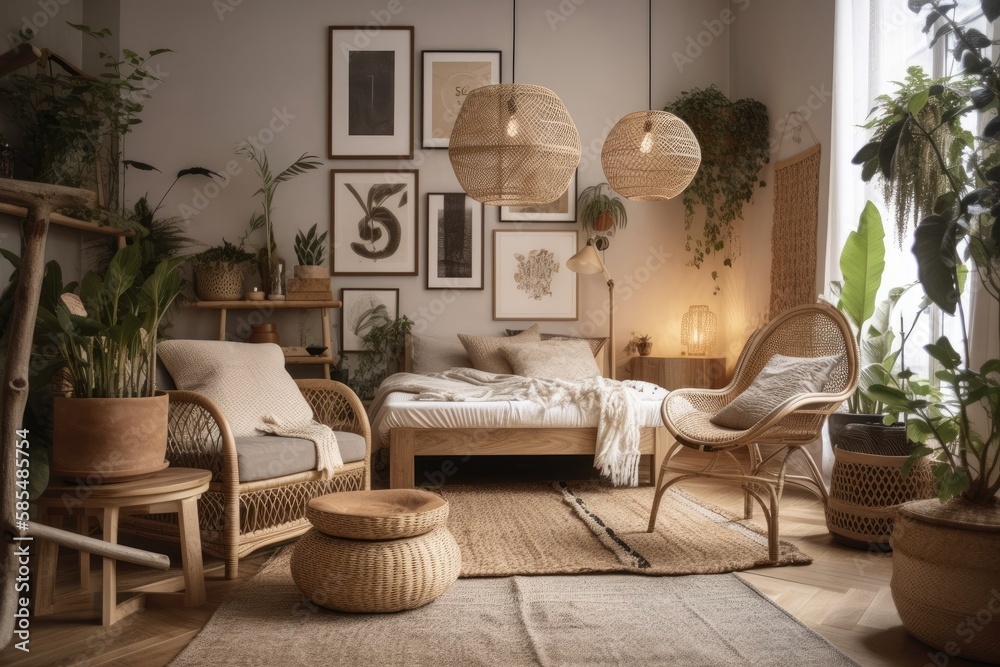 Plant filled living room with rattan chairs and floor light. Warm bohemian interior. Real picture. G