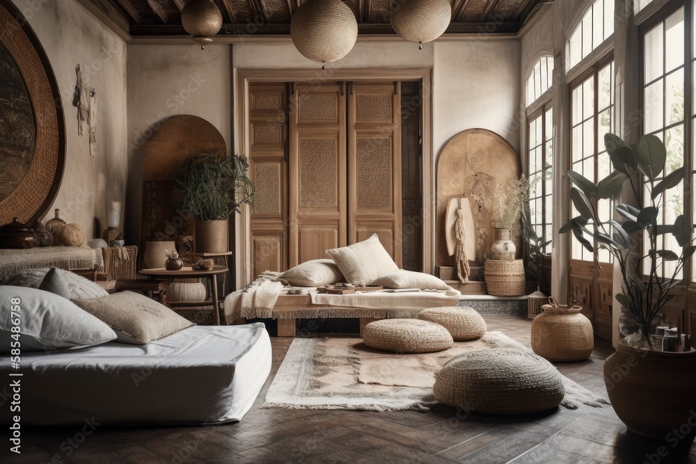 Oriental living room with beige chaise longue, décor, huge pouf, wooden tray, books, lamps, and love