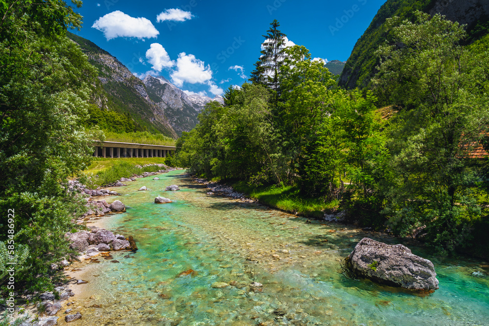 Clean, turquoise Soca river in the forest, Kobarid, Slovenia